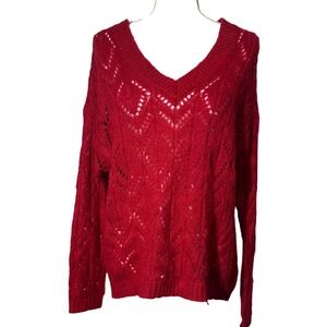 American Eagle Pointelle V-Neck Sweater S Red Excellent Chevron Knit Relaxed Fit